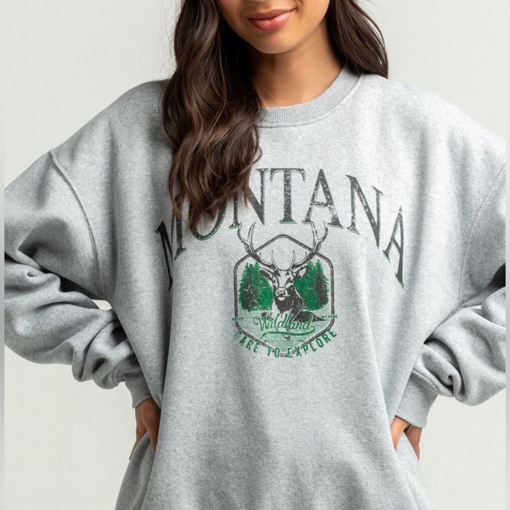 TILLYS FULL TILT MONTANA GREY WOMENS SMALL CREWNECK CUTE DEER GREEN GRAPHIC